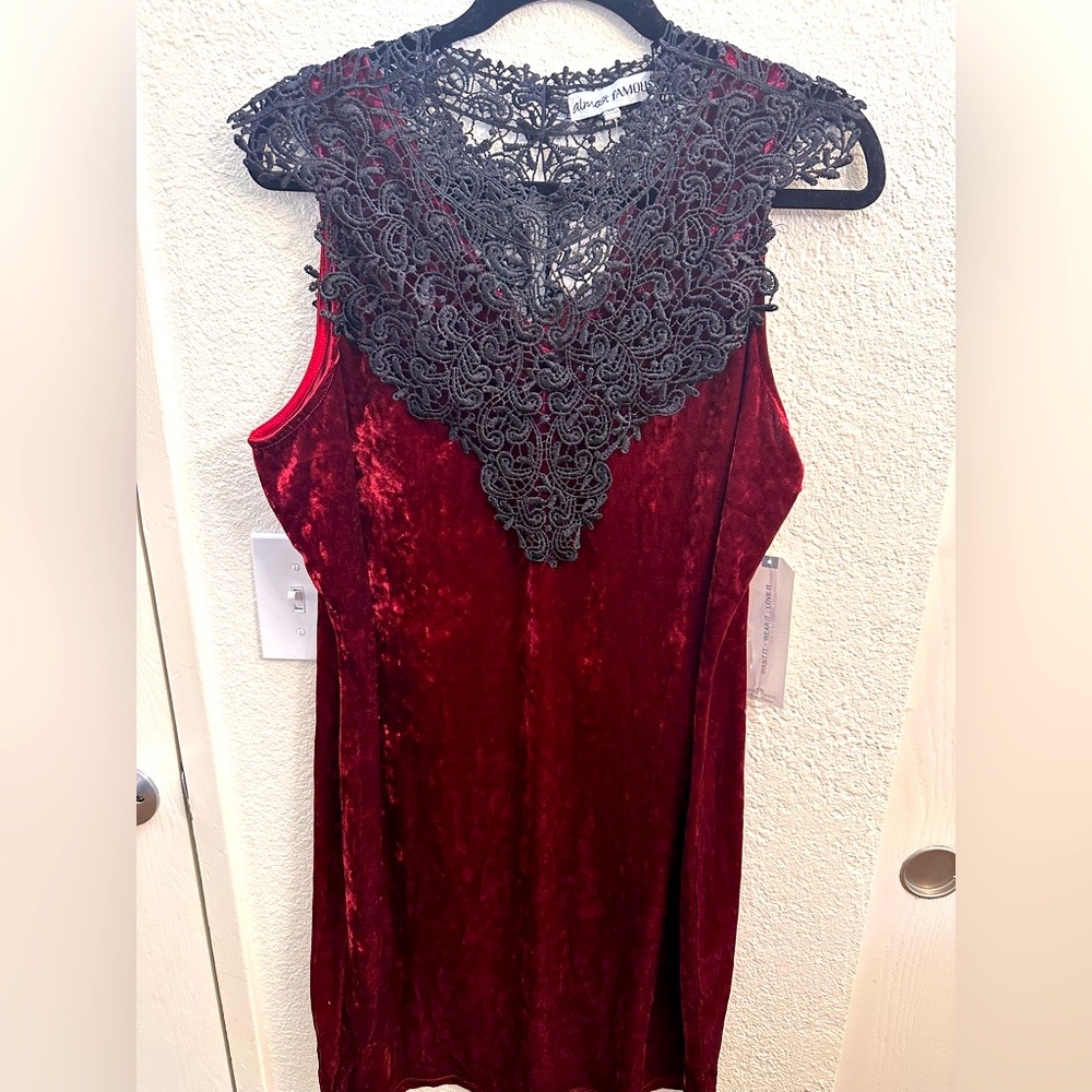 Almost Famous Crushed Velvet with Black Lace Detail Dress. Size 2X.